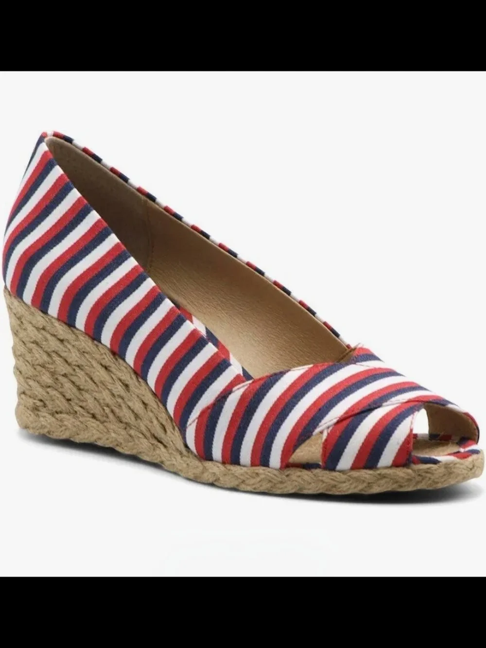 Adrienne Vittadini Red White Blue Striped Espadrille Wedge Sz 7